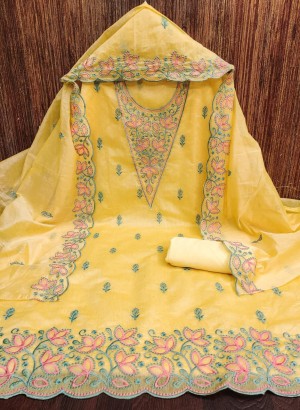 Beautiful neck embroidery santoor heavy chanderi yellow saree